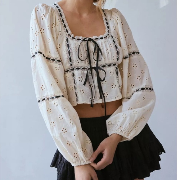 Urban Outfitters Kimchi Blue Selia Eyelet Square Neck Long Sleeve Blouse - Picture 2 of 12